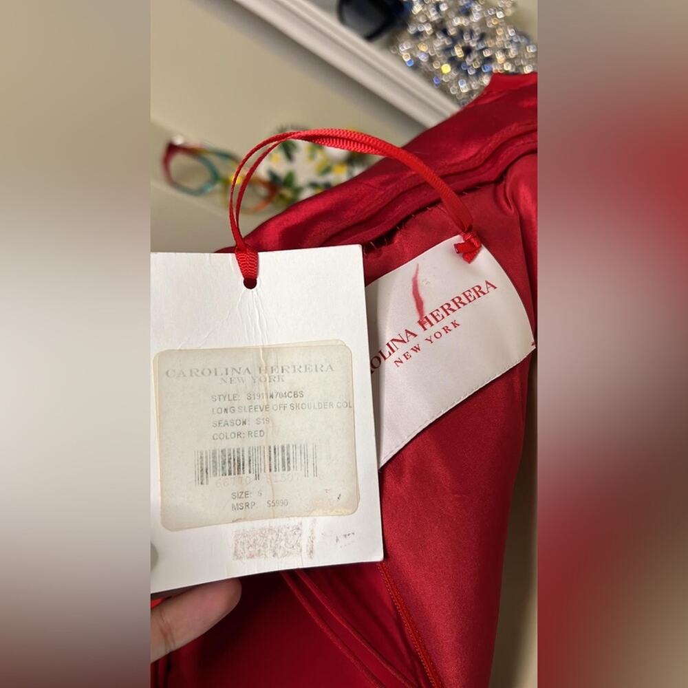 Carolina Herrera Red Dress - Long Sleeve Off Shoulder - Picture 5 of 15